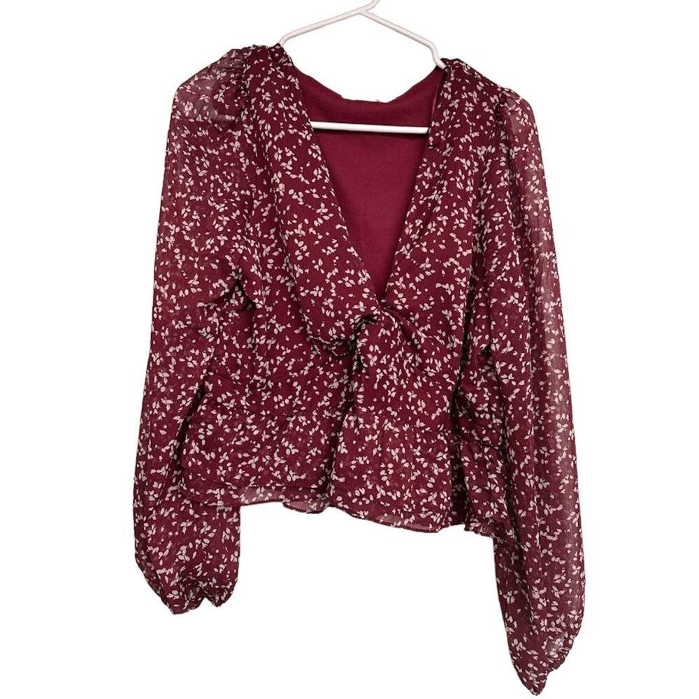 Boho Floral V Neck Peplum Crop Blouse Red Cream Size L